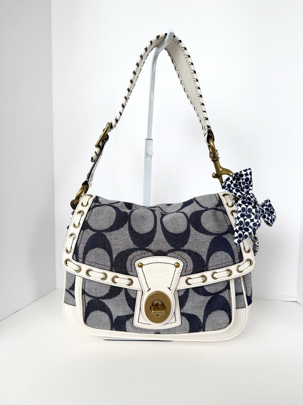 Coach Ali Denim Signature Flap Shoulder Bag 65th Anniversary Blue White Vintage
